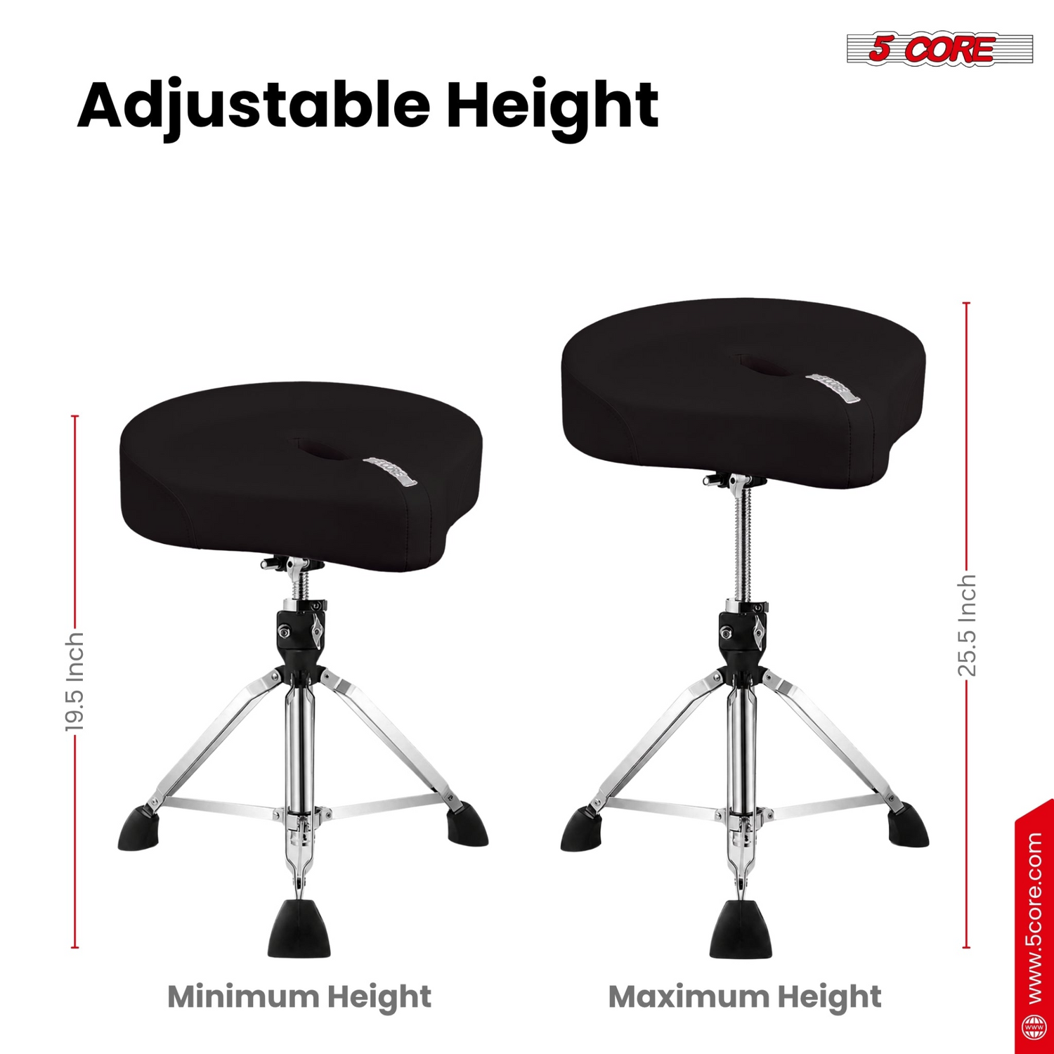 Start2Finish 5 Core Drum Throne with 4.5-inch padded seat, adjustable height, and sturdy metal frame for drummers.