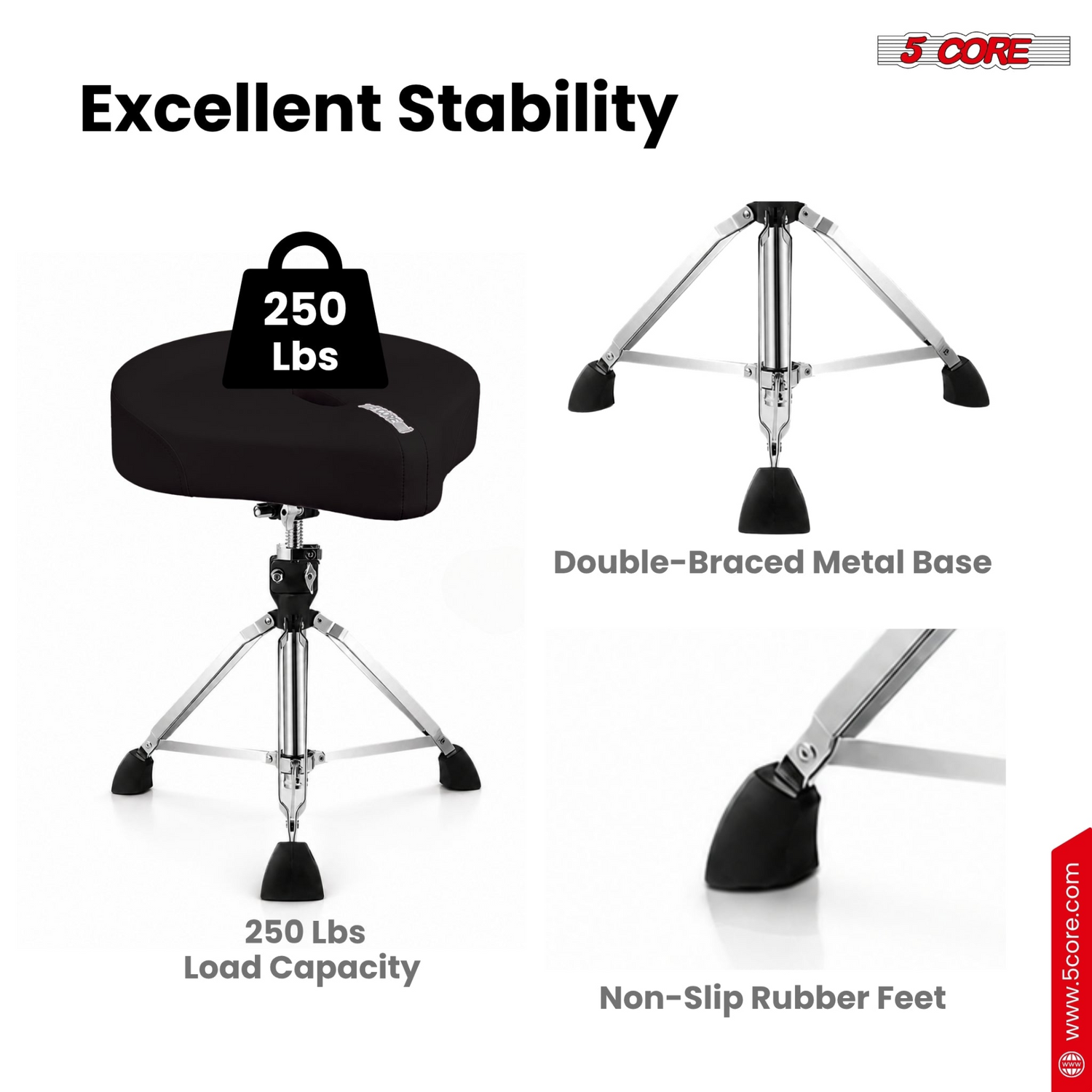 Start2Finish 5 core drum throne with 4.5-inch padded stool, adjustable drummer chair for comfortable percussion playing.