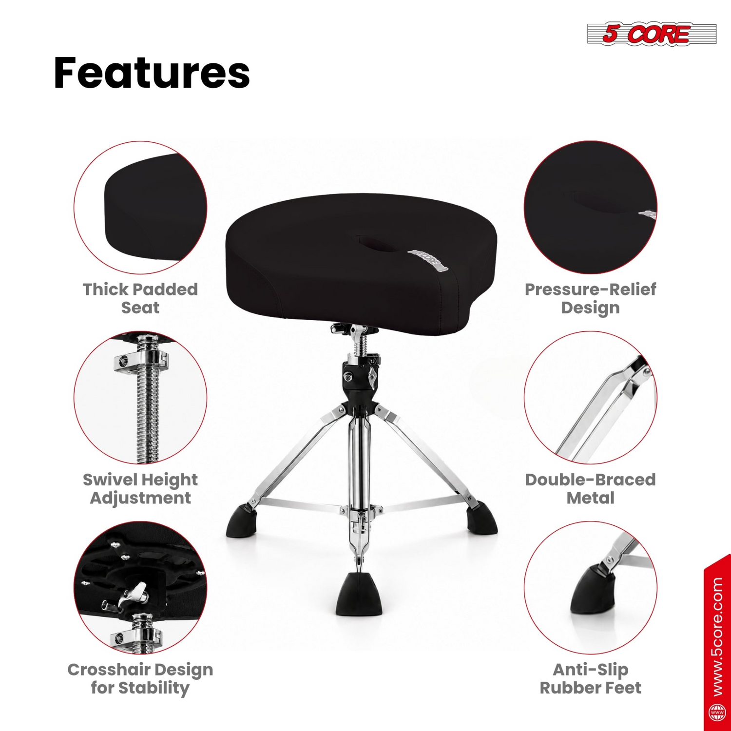 Start2Finish 5 core drum throne with 4.5-inch padded seat, adjustable height, and sturdy drum stool for musicians.