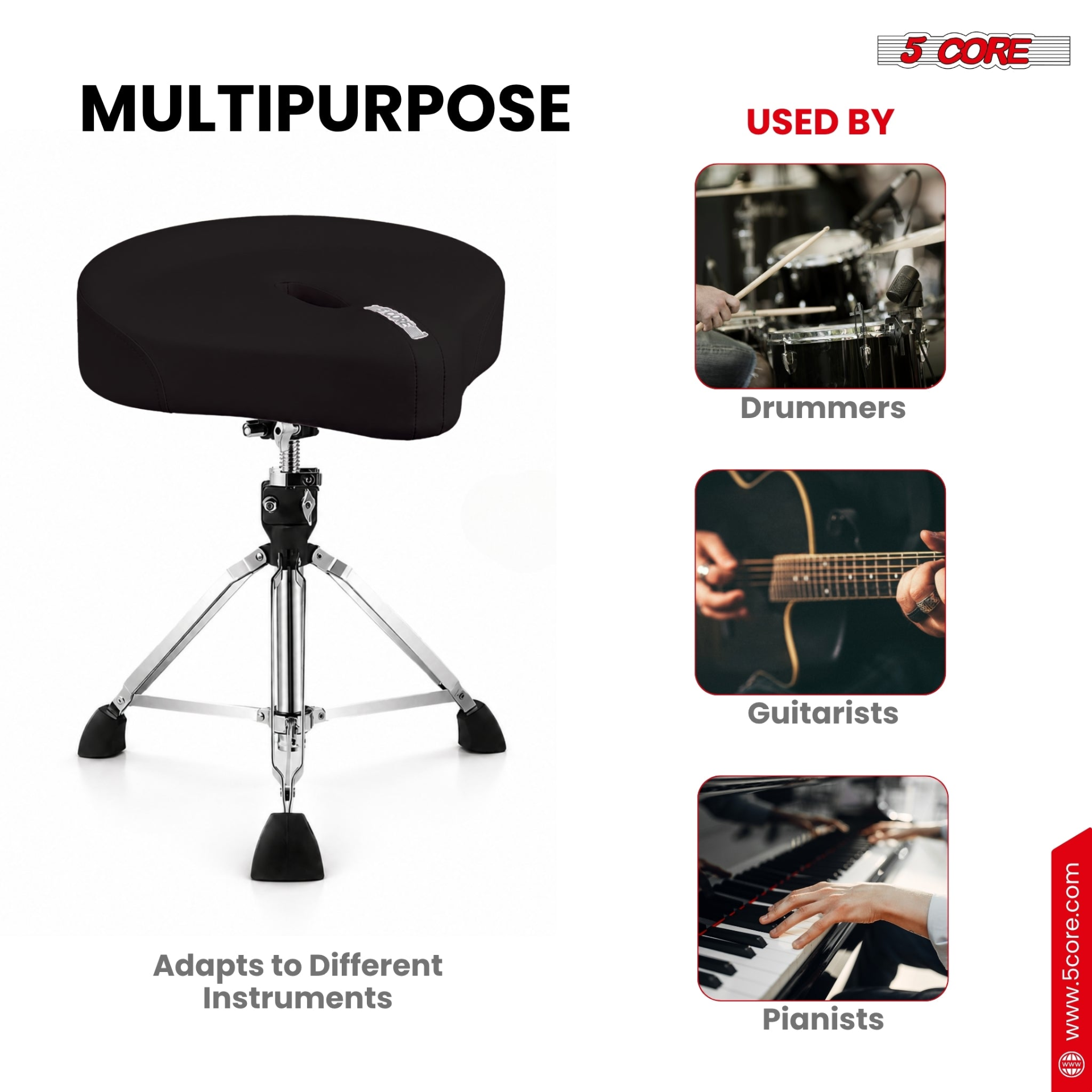 Start2Finish 5 core drum throne with 4.5-inch padded stool, adjustable drummer chair for musical instruments.