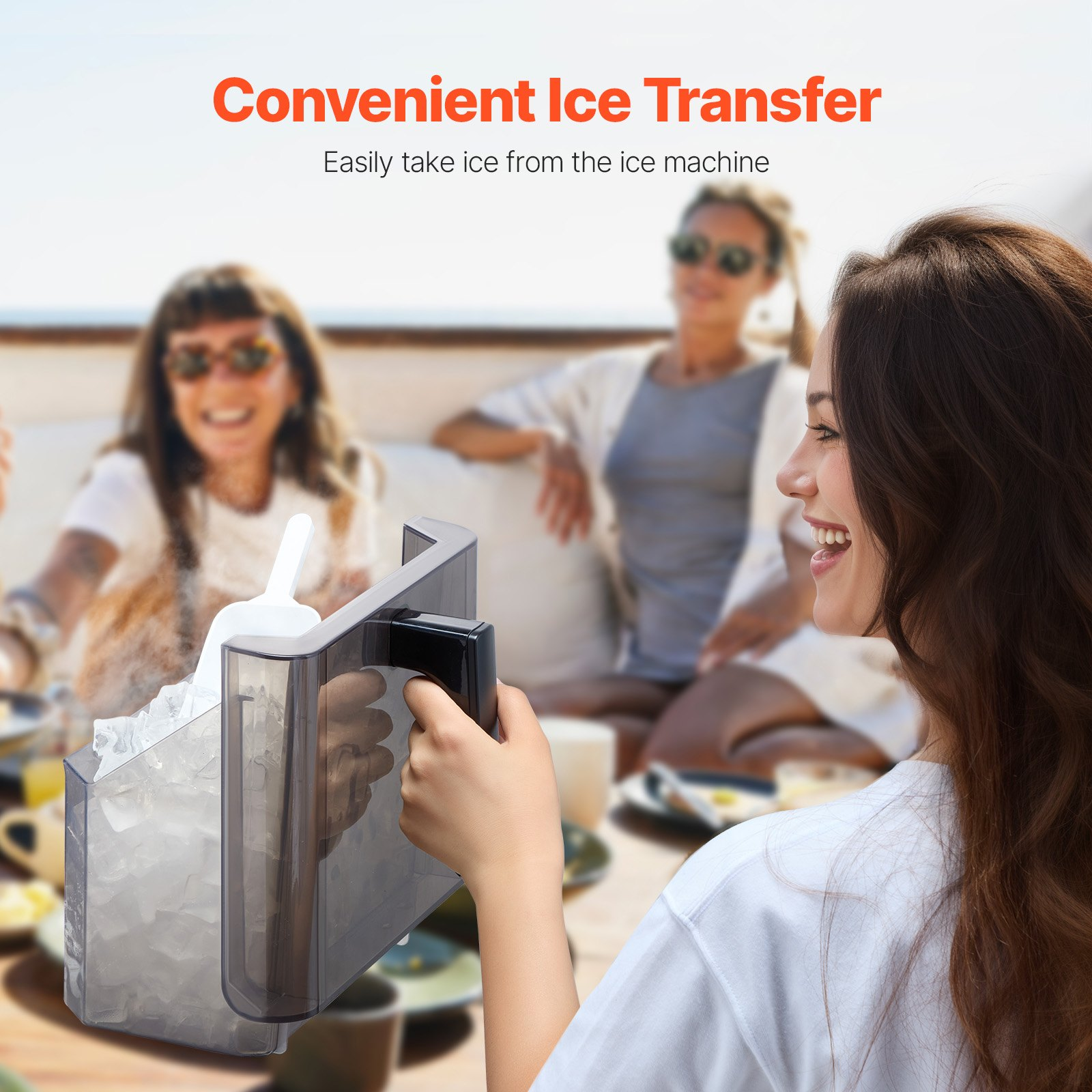 Start2Finish VEVOR countertop ice maker producing 32 ice cubes in 15 mins, with 3 cube sizes, portable and self-cleaning for home or office