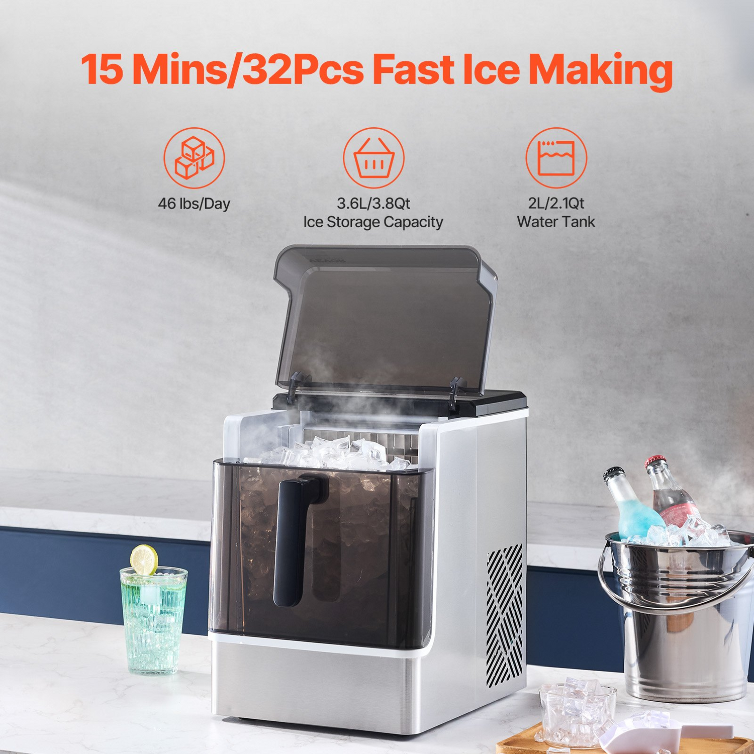 Start2Finish VEVOR countertop ice maker producing 32 ice cubes in 15 minutes, portable with three ice sizes for home or office use.