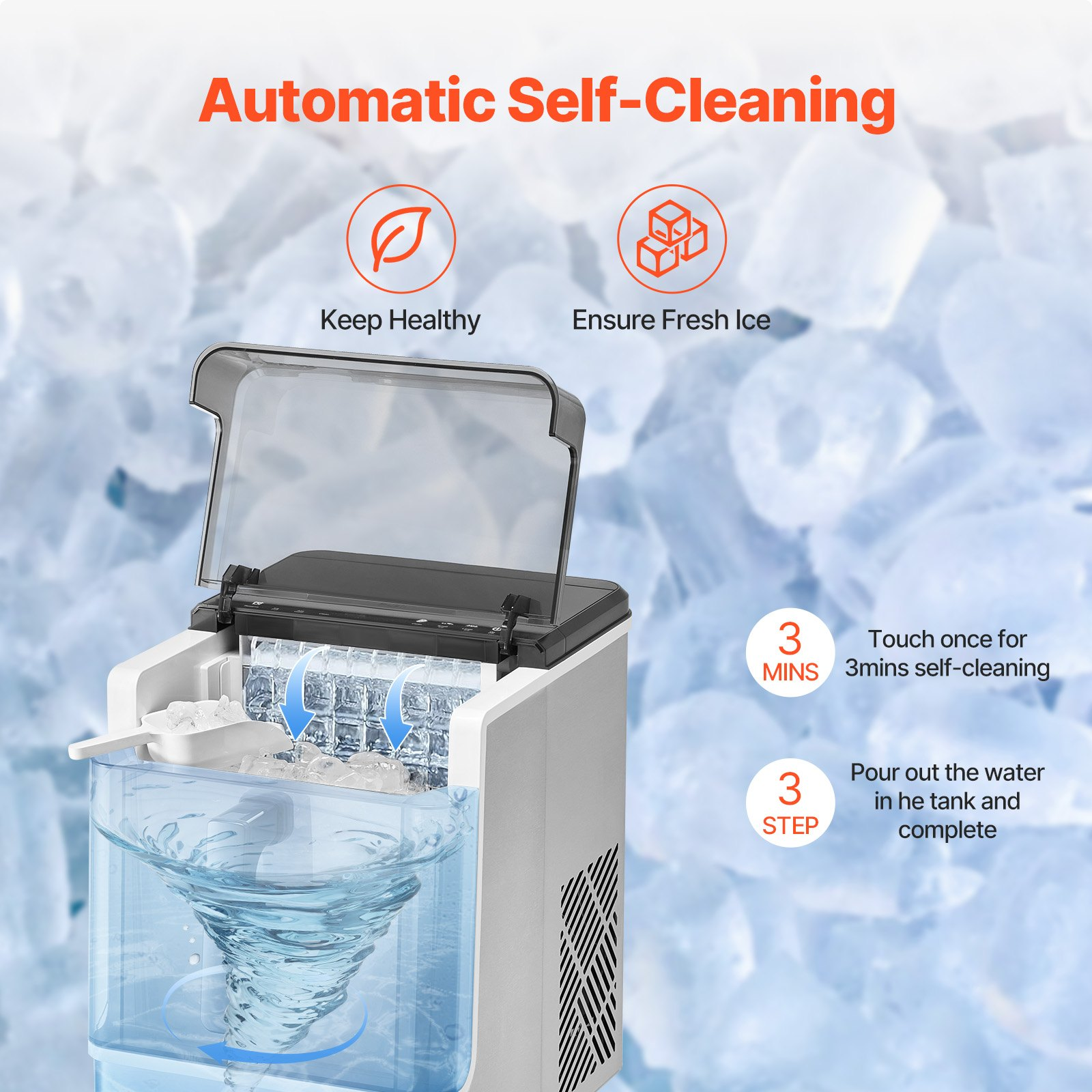 Start2Finish VEVOR countertop ice maker producing 32 ice cubes in 15 mins, portable appliance with 3 cube sizes for home and office.