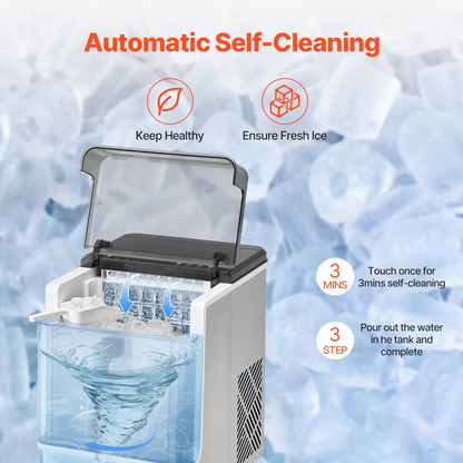 Start2Finish VEVOR countertop ice maker producing 32 ice cubes in 15 mins, portable appliance with 3 cube sizes for home and office.