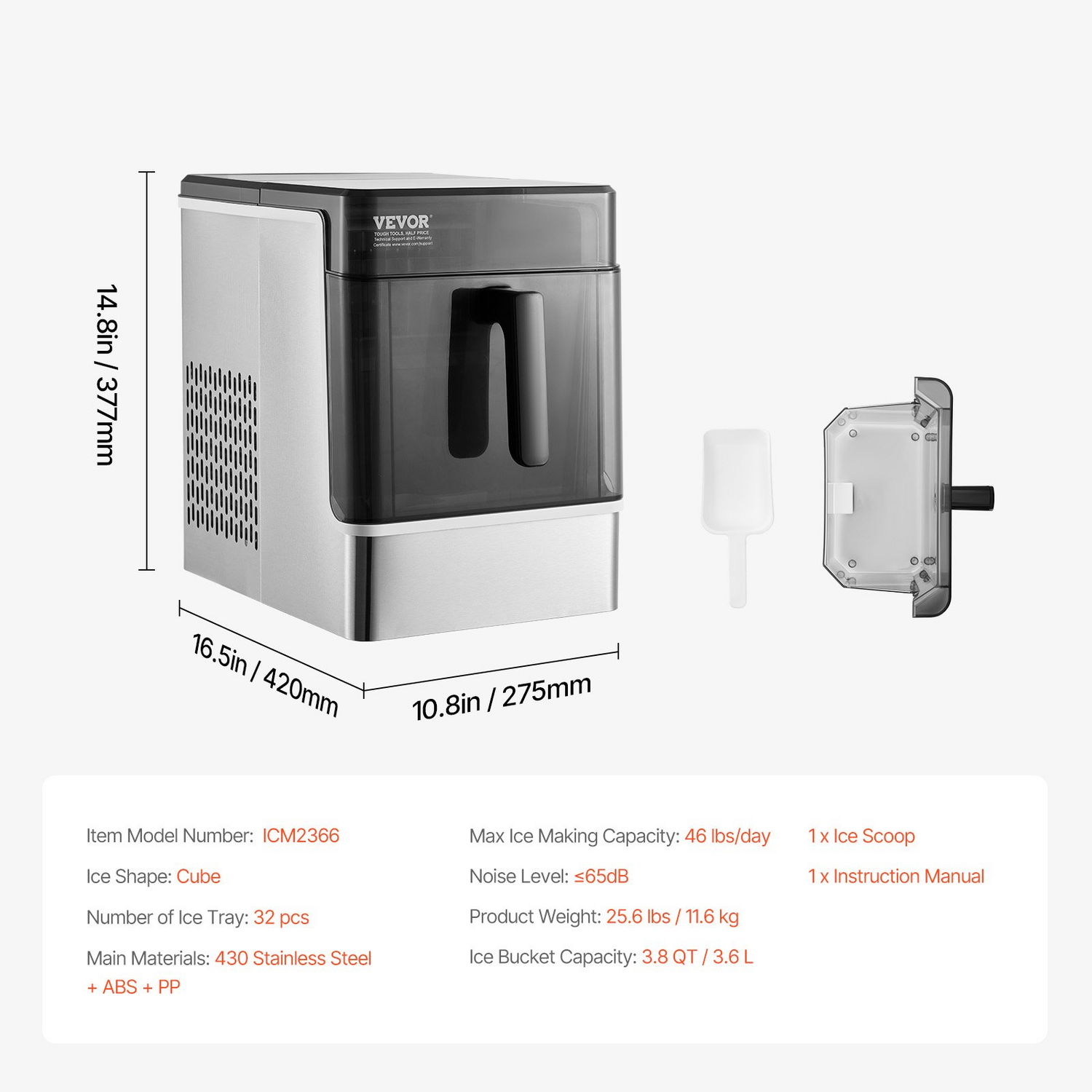 Start2Finish VEVOR countertop ice maker producing 32 cubes in 15 mins, with three ice sizes, portable for home or office use.