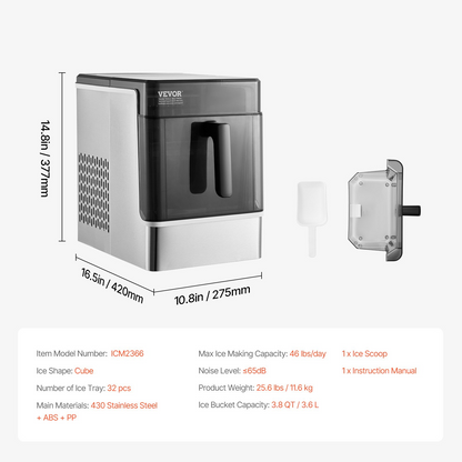 Start2Finish VEVOR countertop ice maker producing 32 cubes in 15 mins, with three ice sizes, portable for home or office use.
