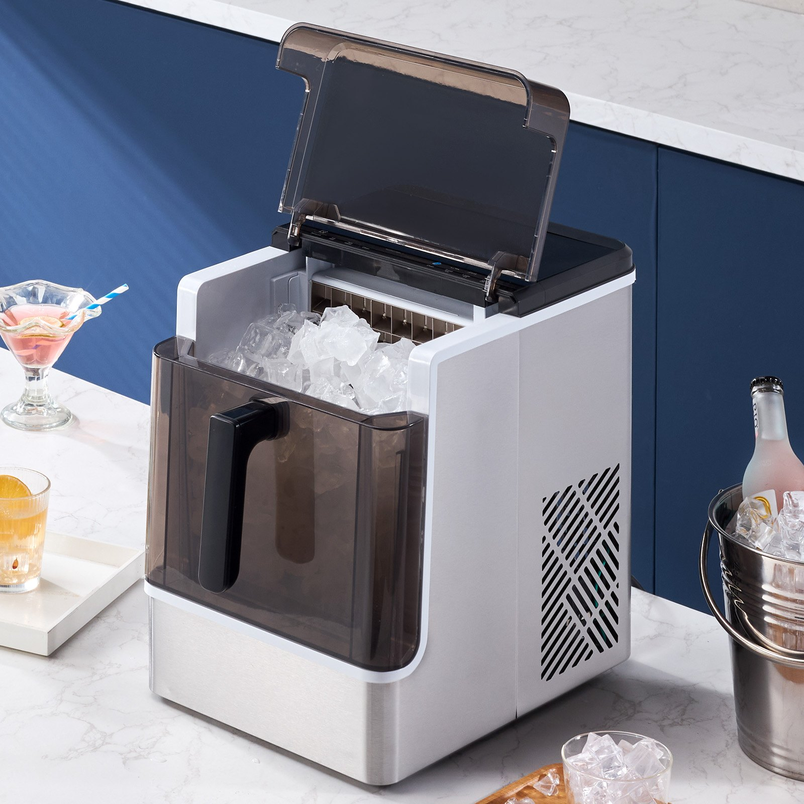 Start2Finish countertop ice maker producing 32 ice cubes in 15 mins, with three size options, ideal for home or office use.