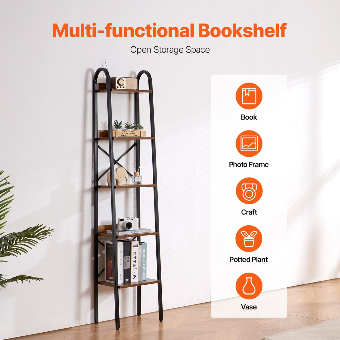 Start2Finish VEVOR 5-tier metal bookshelf with open rustic shelves, tall narrow industrial storage unit for living room, bedroom, or office