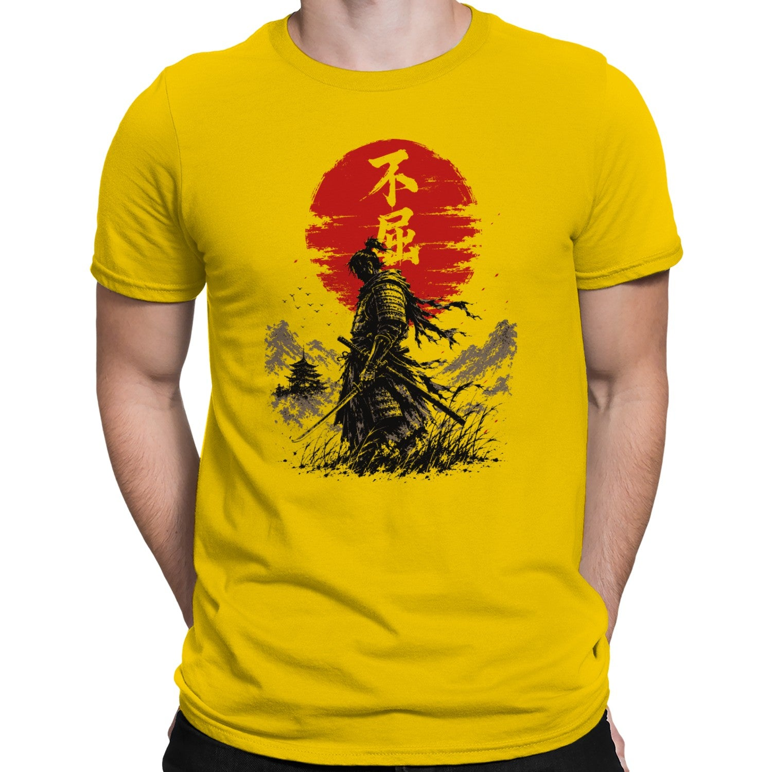 Red Samurai Warrior Men’s T-shirt with Sun Kanji design, featuring bold Japanese-inspired artwork on black apparel.