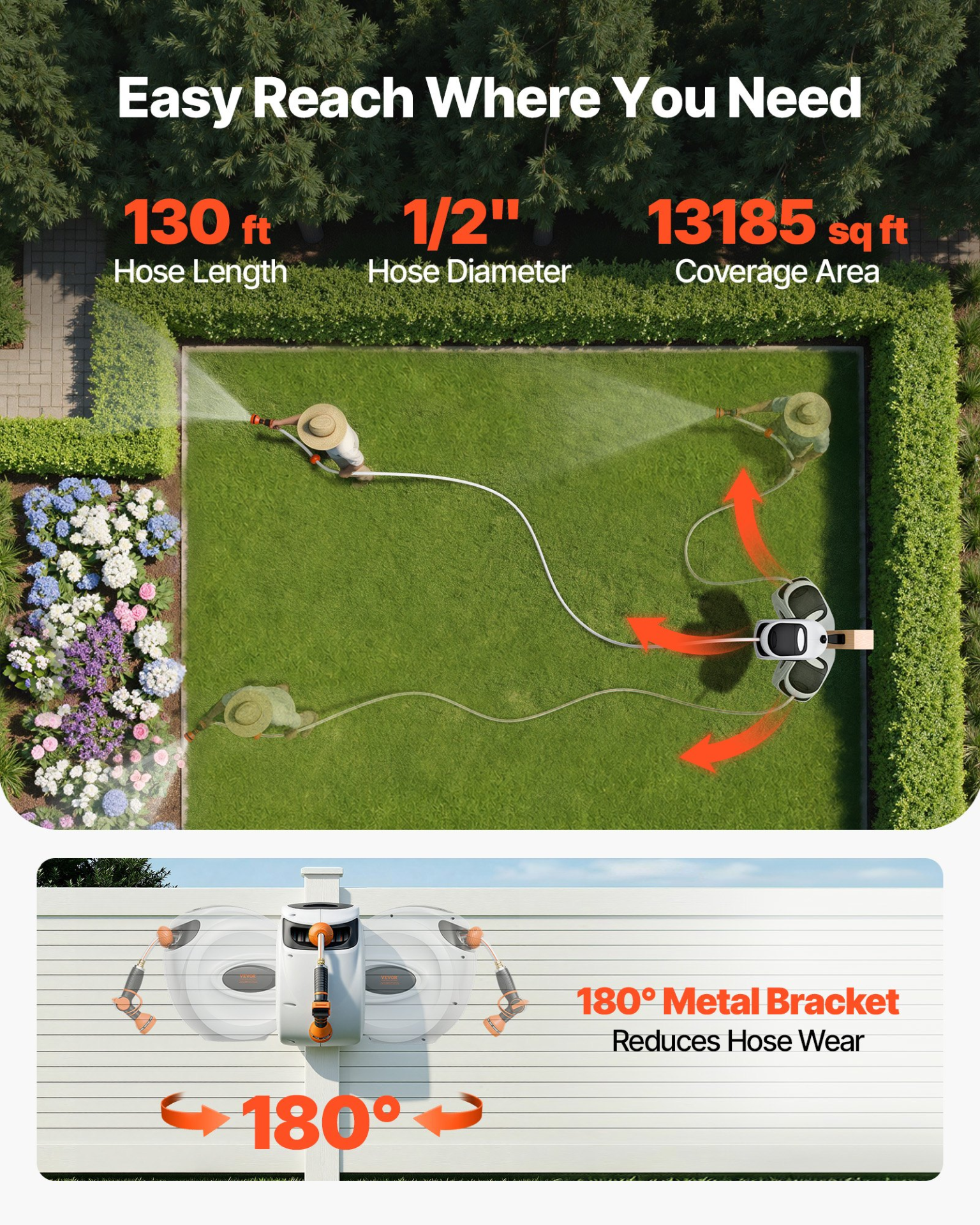 Start2Finish VEVOR retractable garden hose reel with 130 ft hose, 180° swivel, automatic rewind, and adjustable nozzle.