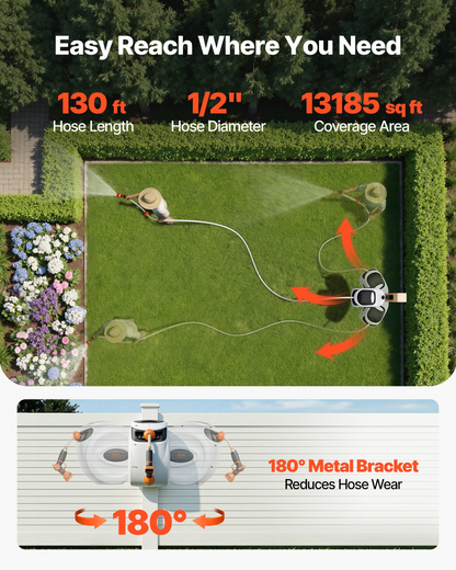 Start2Finish VEVOR retractable garden hose reel with 130 ft hose, 180° swivel, automatic rewind, and adjustable nozzle.