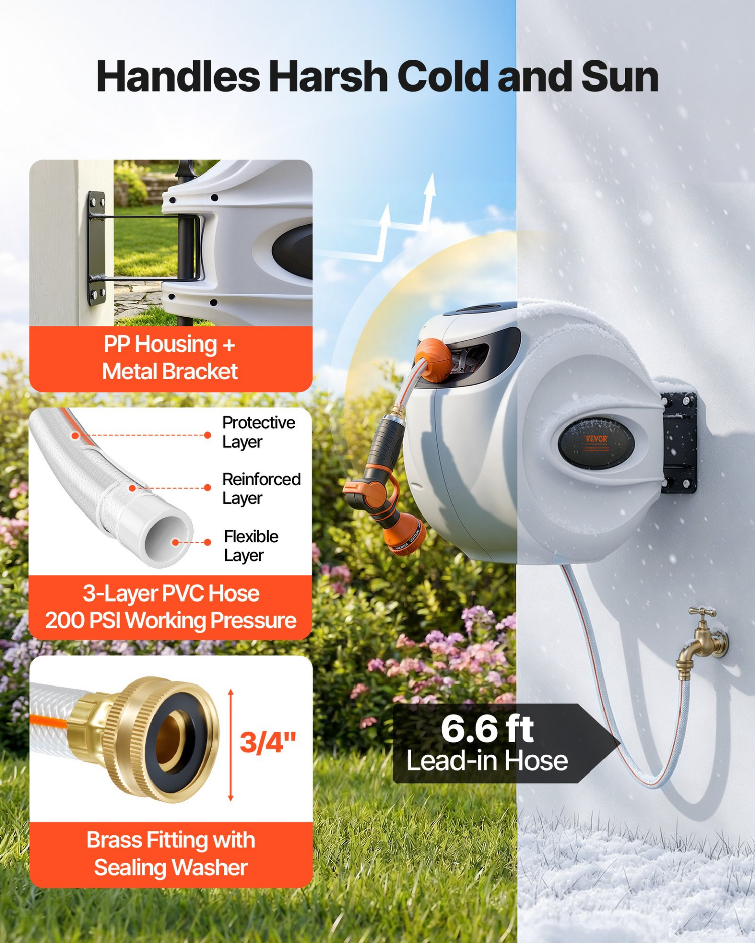 Start2Finish VEVOR 130 ft garden water hose reel with 180° swivel, automatic rewind, 9-pattern nozzle, wall-mounted.