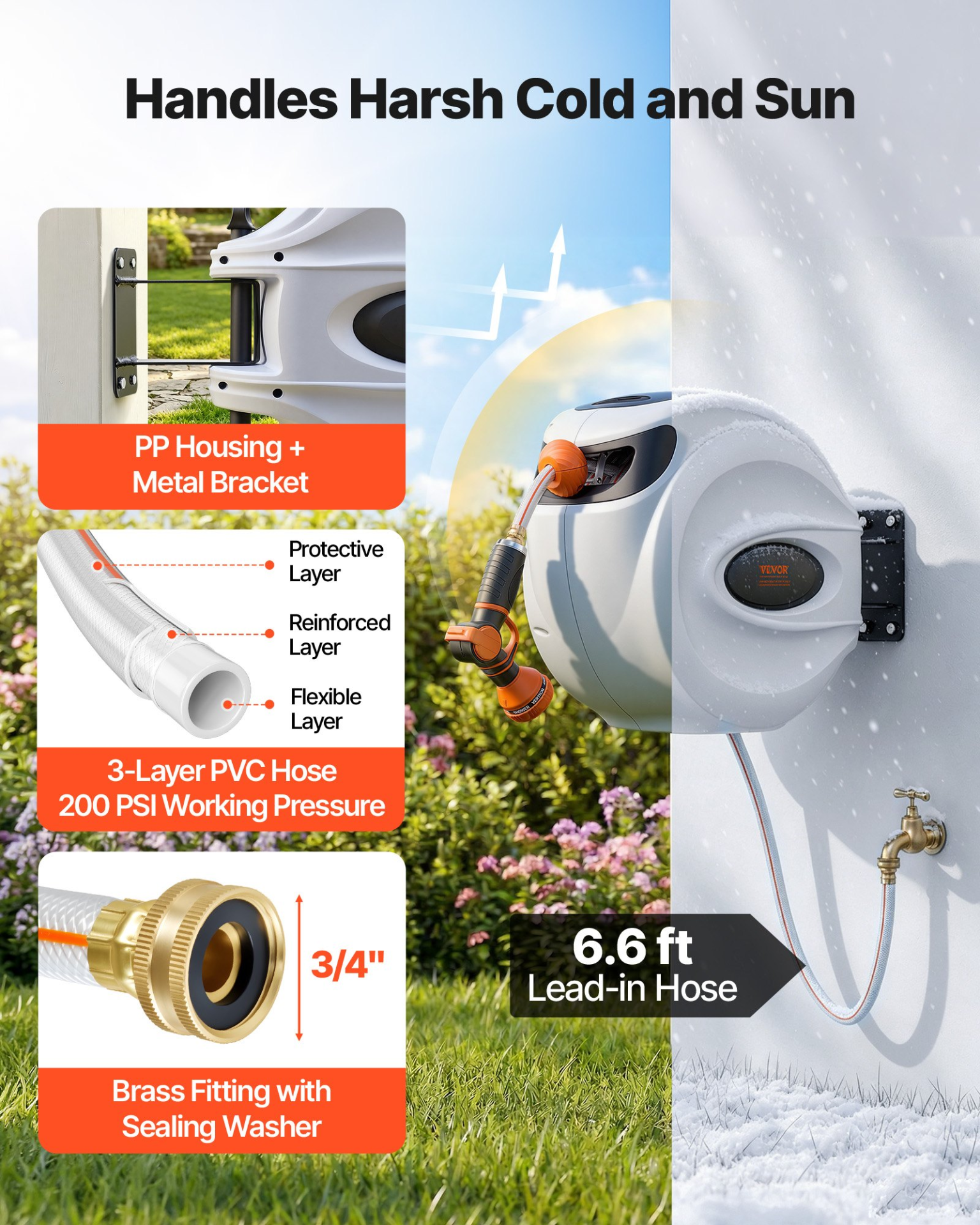 Start2Finish VEVOR 130 ft garden water hose reel with 180° swivel, automatic rewind, 9-pattern nozzle, wall-mounted.