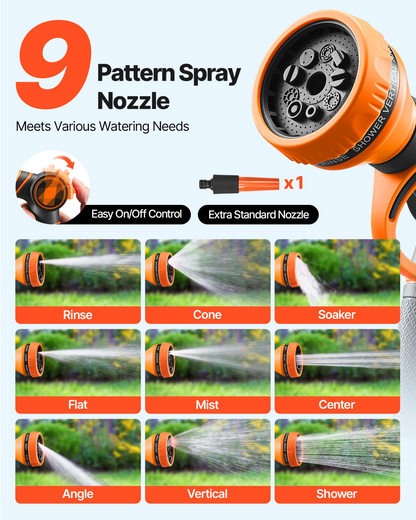 Start2Finish VEVOR retractable garden hose reel with 130 ft hose, 9-pattern nozzle, wall mount, swivel bracket, and automatic rewind.