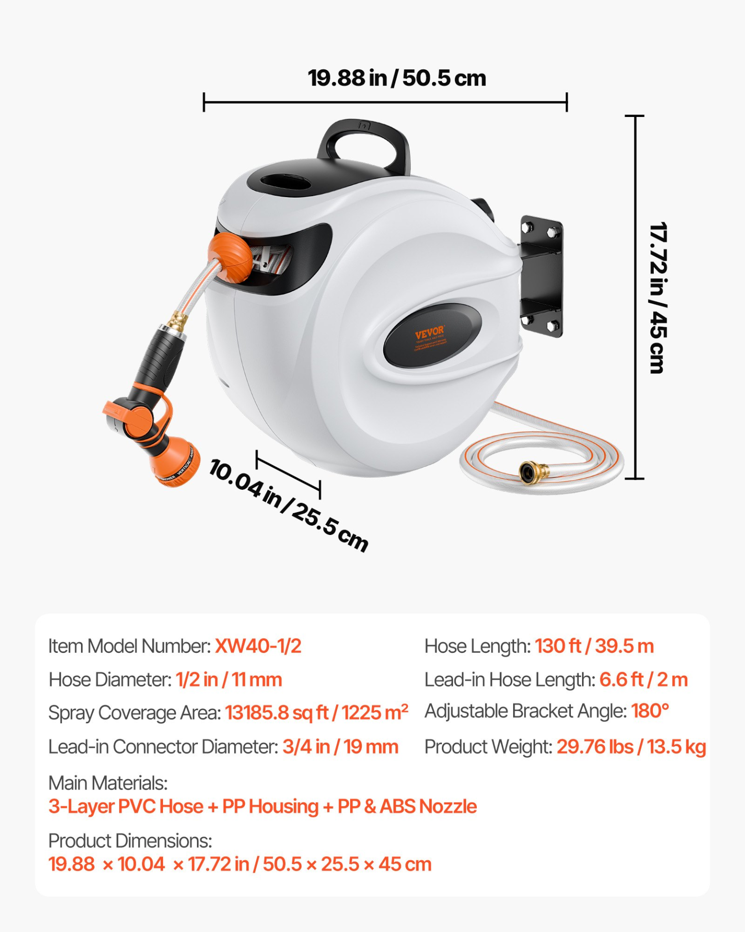 Start2Finish VEVOR retractable garden hose reel with 130 ft hose, 180° swivel, automatic rewind, and 9-pattern nozzle.