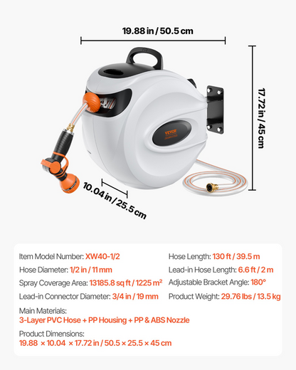 Start2Finish VEVOR retractable garden hose reel with 130 ft hose, 180° swivel, automatic rewind, and 9-pattern nozzle.