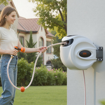 Start2Finish VEVOR retractable garden hose reel with 130 ft hose, 180° swivel, automatic rewind, and 9-pattern nozzle.