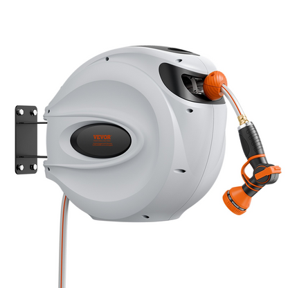 Start2Finish VEVOR Retractable Garden Hose Reel with 130 ft hose, 180° swivel, adjustable nozzle, and automatic rewind system.