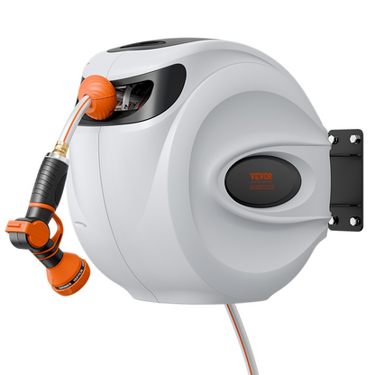 Start2Finish VEVOR retractable garden hose reel with 130 ft hose, 180° swivel, automatic rewind, and adjustable nozzle.