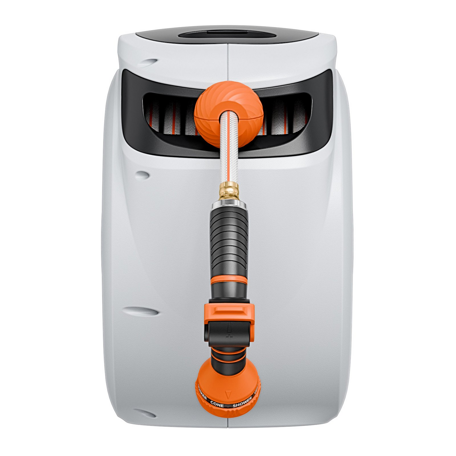 Start2Finish VEVOR 130 ft garden water hose reel with 9-pattern nozzle, wall-mounted, automatic rewind, and 180° swivel bracket.