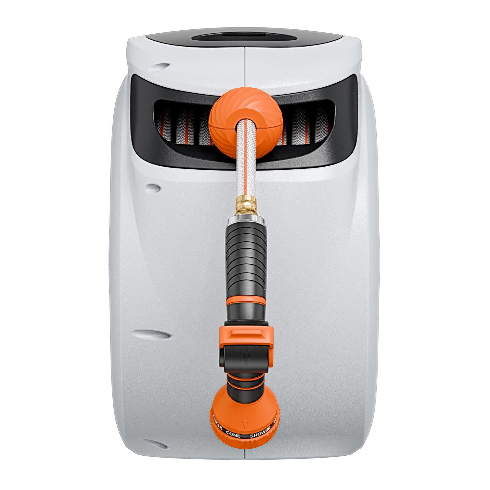 Start2Finish VEVOR 130 ft garden water hose reel with 9-pattern nozzle, wall-mounted, automatic rewind, and 180° swivel bracket.
