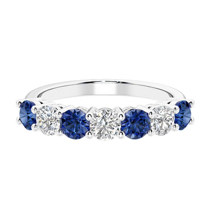 Start2Finish 14K gold over sterling silver 7-stone eternity ring with blue sapphires and lab-grown diamonds, alternating design.