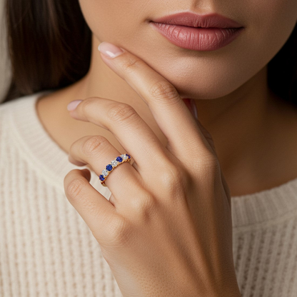 Start2Finish AGI Certified 2.00 CTW blue sapphire and lab-grown diamond 7-stone eternity ring band in 14K gold over sterling silver