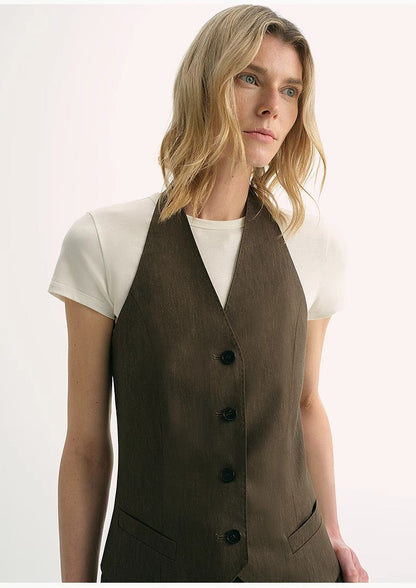 Brown Coeus silk linen halterneck sleeveless jacket with a classic old money style, featuring a cool, sophisticated design.