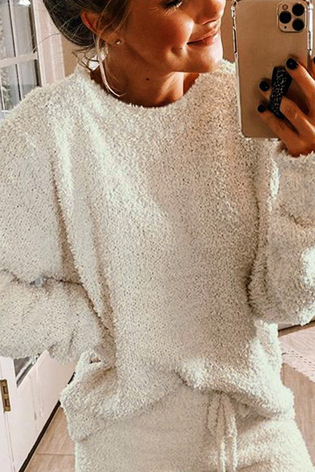White fluffy loungewear set for women by Lavender Pallas, featuring a cozy, soft, and comfortable matching top and bottoms.