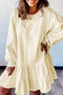 Byzantium Bay solid long sleeve dress with tiered ruffle hem, featuring a stylish and feminine design.
