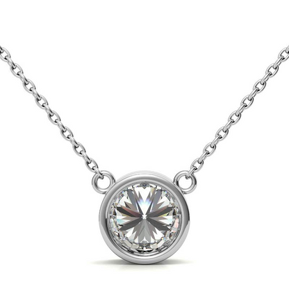 AGI Certified 3.50 CTW round brilliant lab-grown diamond bezel pendant in 14K white gold with intricate setting.