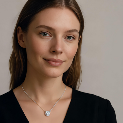 AGI Certified 3.50 CTW round brilliant lab-grown diamond bezel pendant in 14K white gold with intricate detailing.