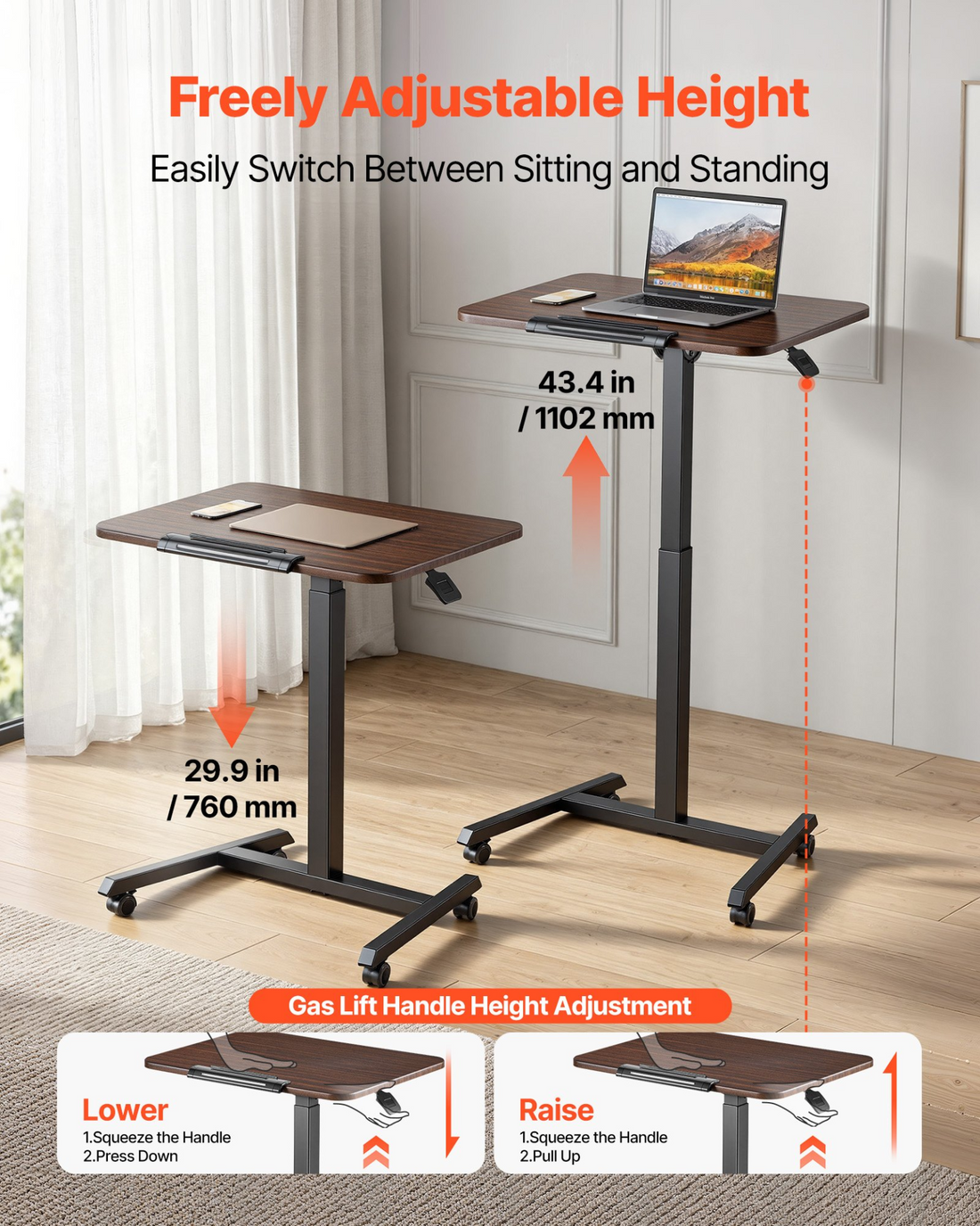 Start2Finish VEVOR standing desk with adjustable height, tilting desktop, small size, rolling casters, ideal for home office use