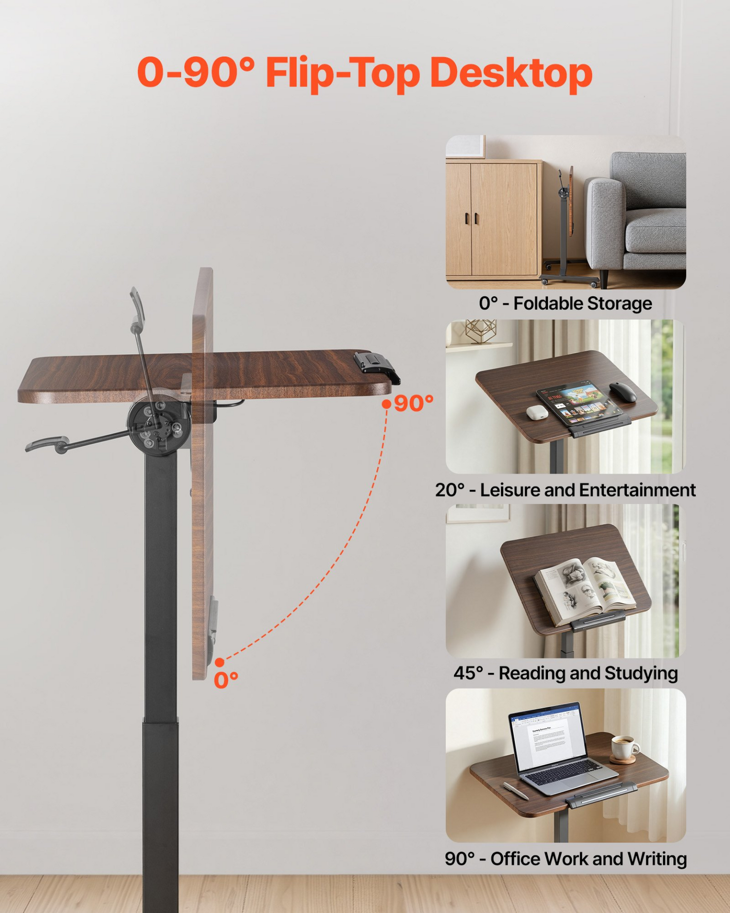 Start2Finish VEVOR standing desk with adjustable height, tilting desktop, small computer workstation on casters, mobile home office furniture.