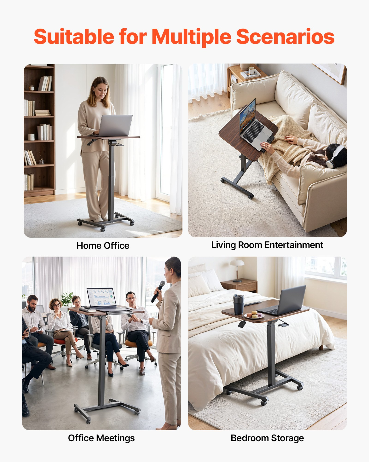 Start2Finish VEVOR standing desk with adjustable height, tilting desktop, mobile design, casters, compact workspace for home office.