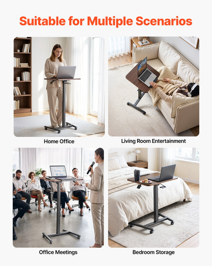 Start2Finish VEVOR standing desk with adjustable height, tilting desktop, mobile design, casters, compact workspace for home office.
