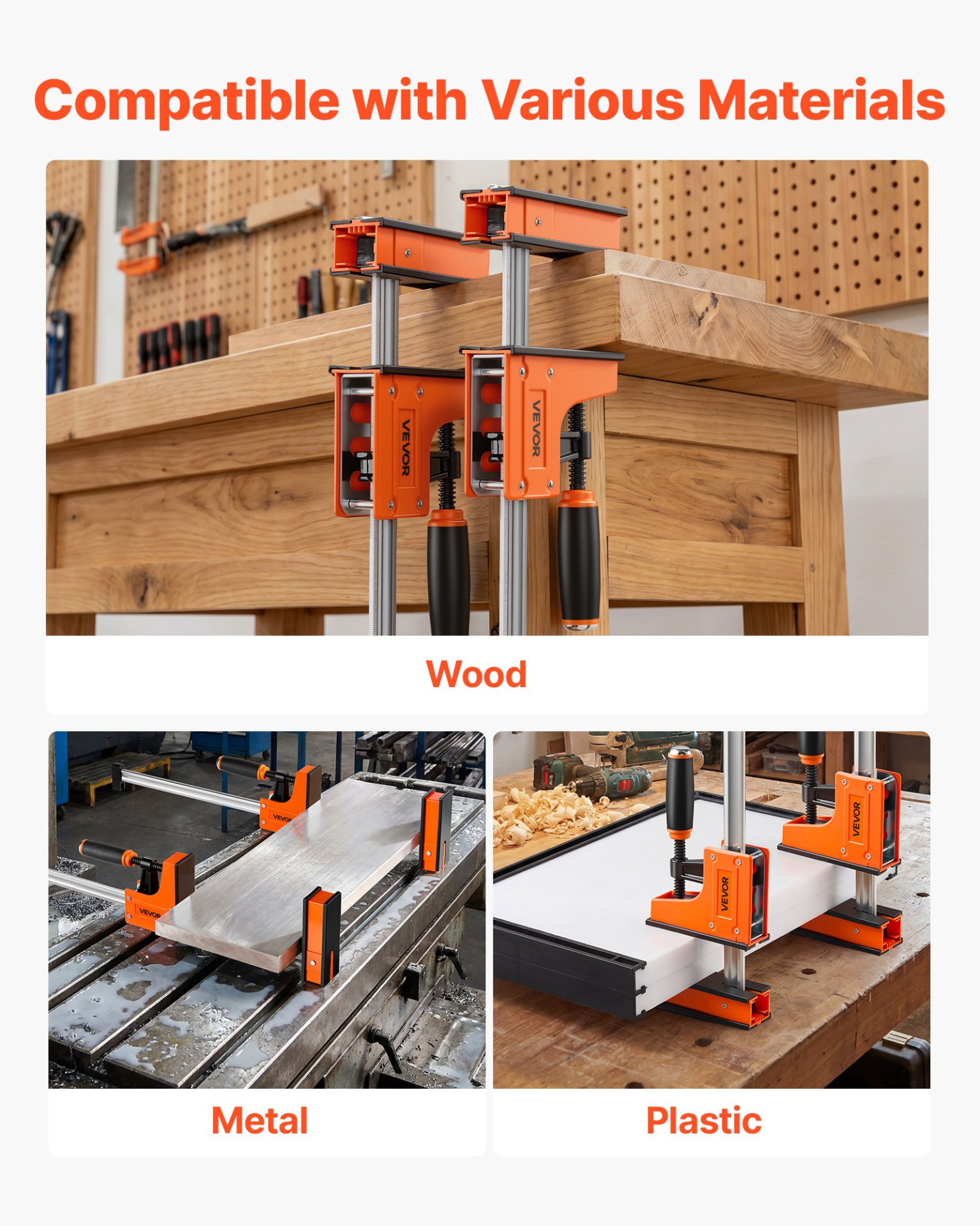 Start2Finish VEVOR bar clamps for woodworking and metalworking, 24" and 31" F clamps with rubber pads and ergonomic handles.