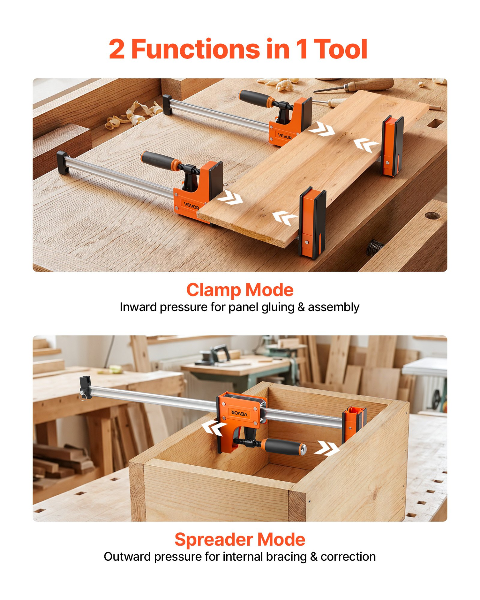 Start2Finish VEVOR bar clamps for woodworking, 24 and 31-inch F clamps with rubber pads and ergonomic handles, suitable for wood and metal.