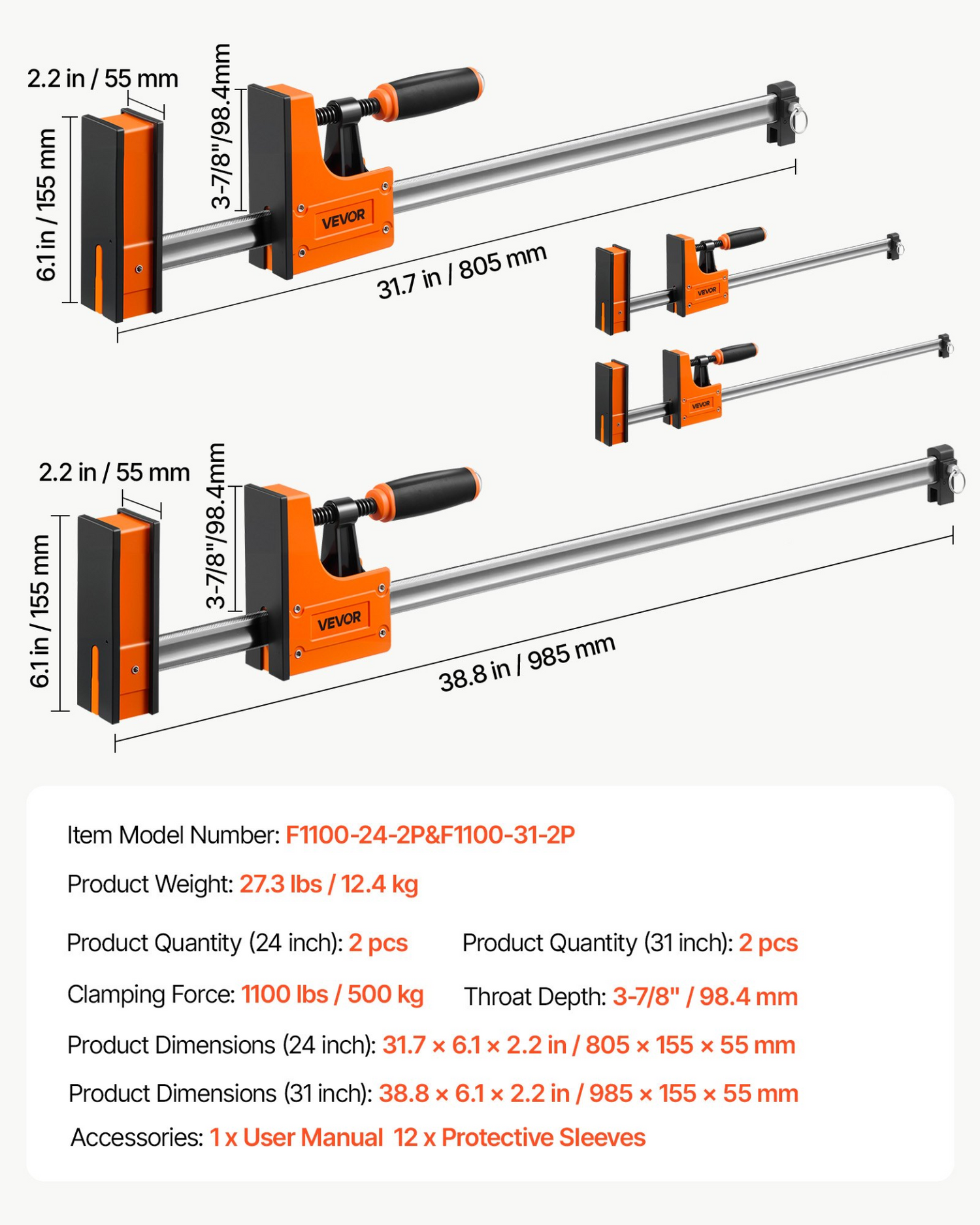 Start2Finish VEVOR wood and metalworking bar clamps, 24 and 31-inch F clamps with rubber pads and ergonomic handles.