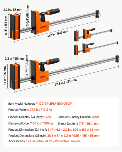 Start2Finish VEVOR wood and metalworking bar clamps, 24 and 31-inch F clamps with rubber pads and ergonomic handles.