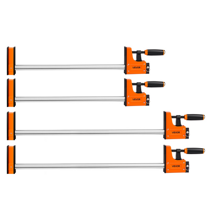 Start2Finish VEVOR wood and metalworking bar clamps, 24" and 31", with rubber pads and ergonomic handle for woodworking projects.