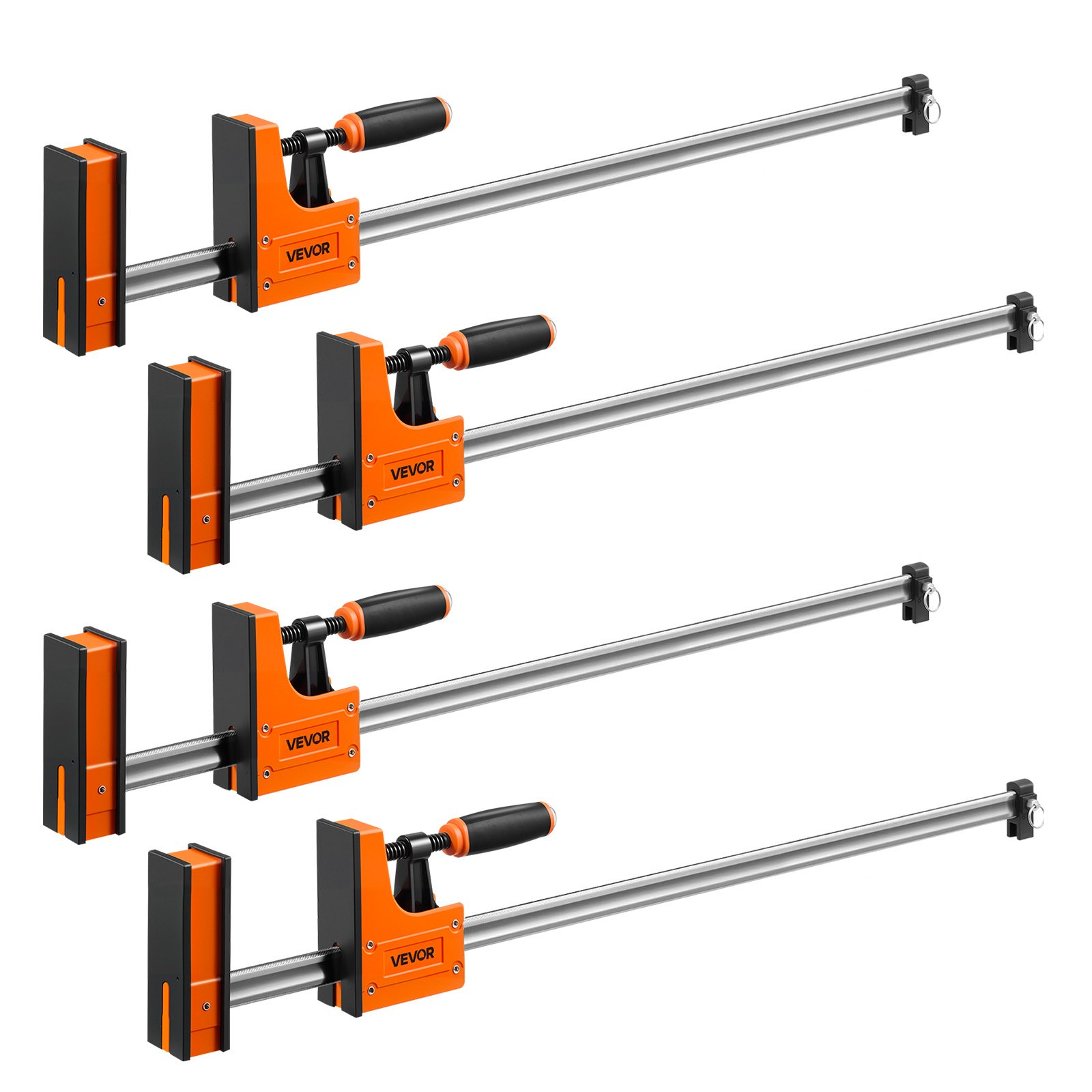 Start2Finish VEVOR bar clamps for woodworking and metalworking, 24" and 31" F clamps with rubber pads and ergonomic handles.