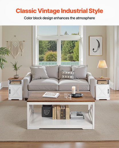 Start2Finish farmhouse coffee table set with two end tables, industrial design, charging station, suitable for living room or office.