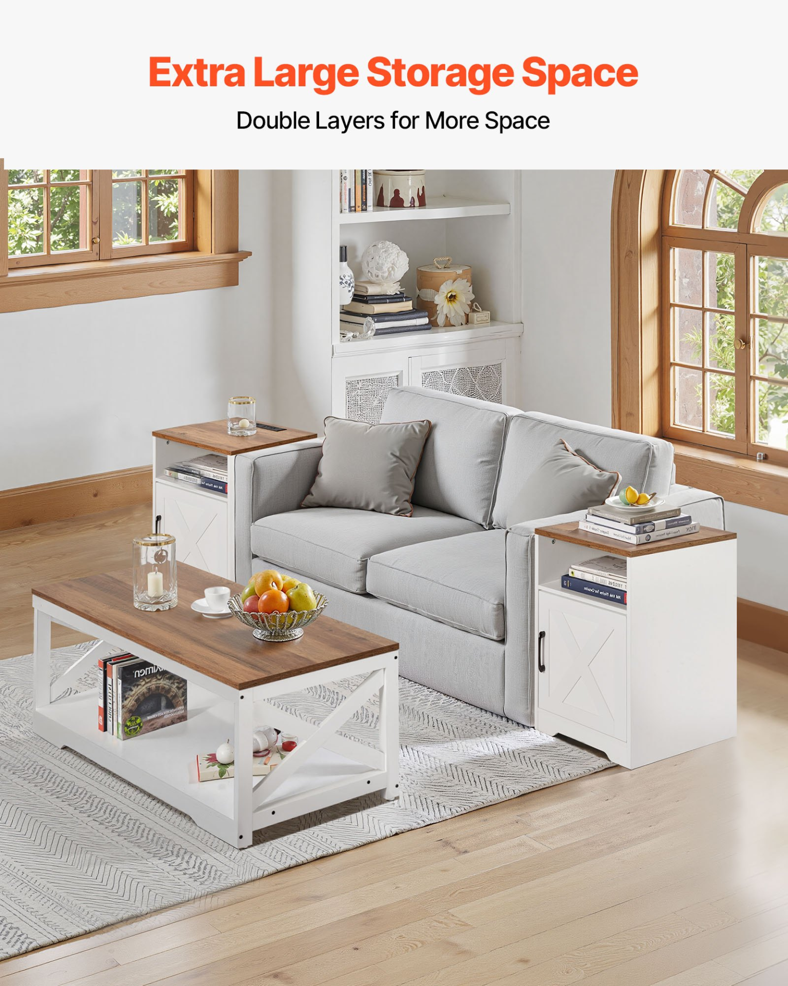 Start2Finish VEVOR farmhouse coffee table set with two end tables, industrial design, includes charging station, suitable for living rooms.