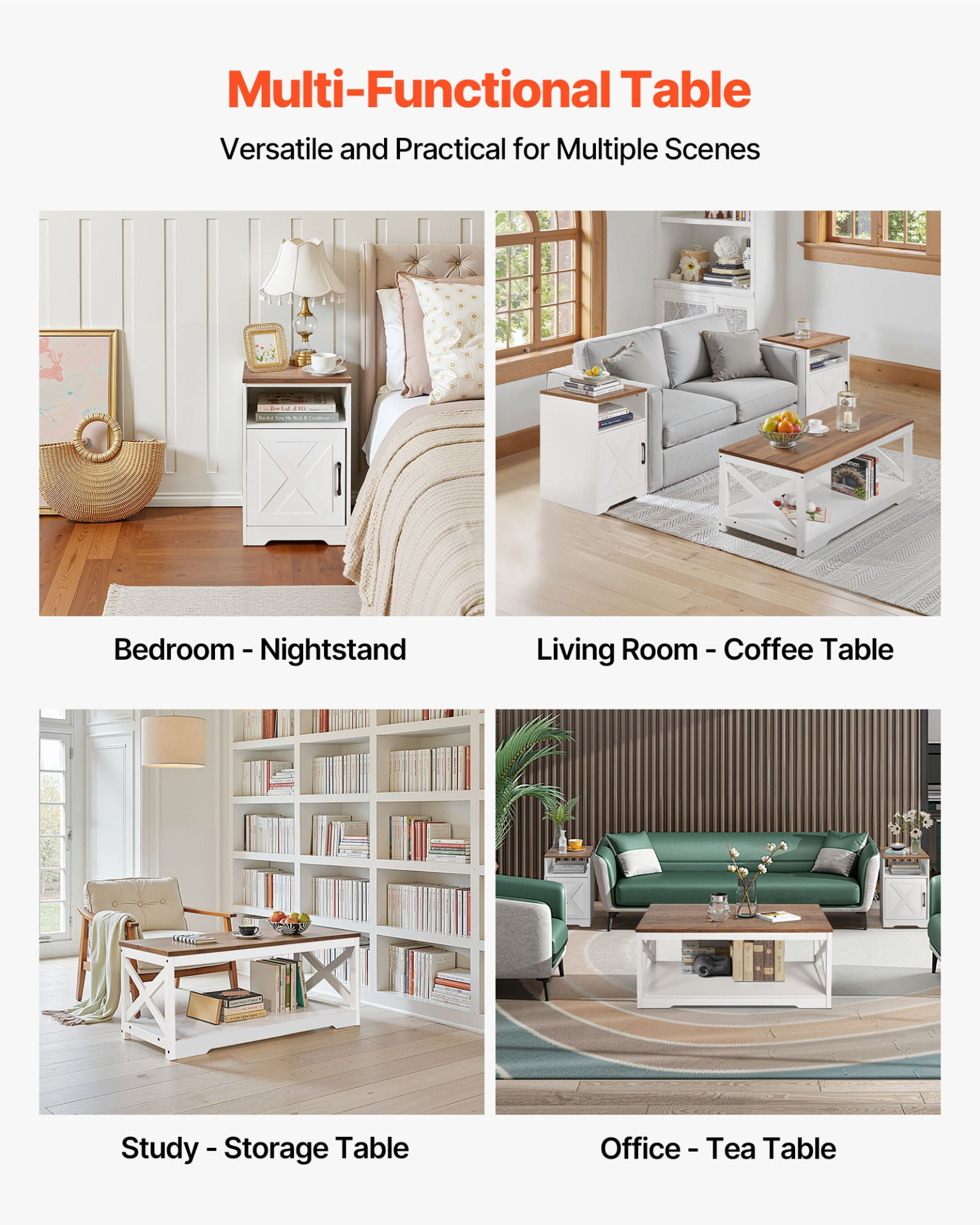 Start2Finish farmhouse coffee table set with two end tables, industrial style, featuring a charging station, in a living room setting.