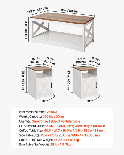 Start2Finish VEVOR farmhouse coffee table set with two end tables, industrial style, includes charging station, suitable for living rooms.