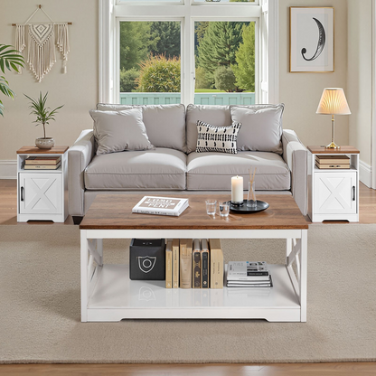 Set of three farmhouse-style industrial coffee and end tables by Start2Finish with charging station, perfect for living room or office.