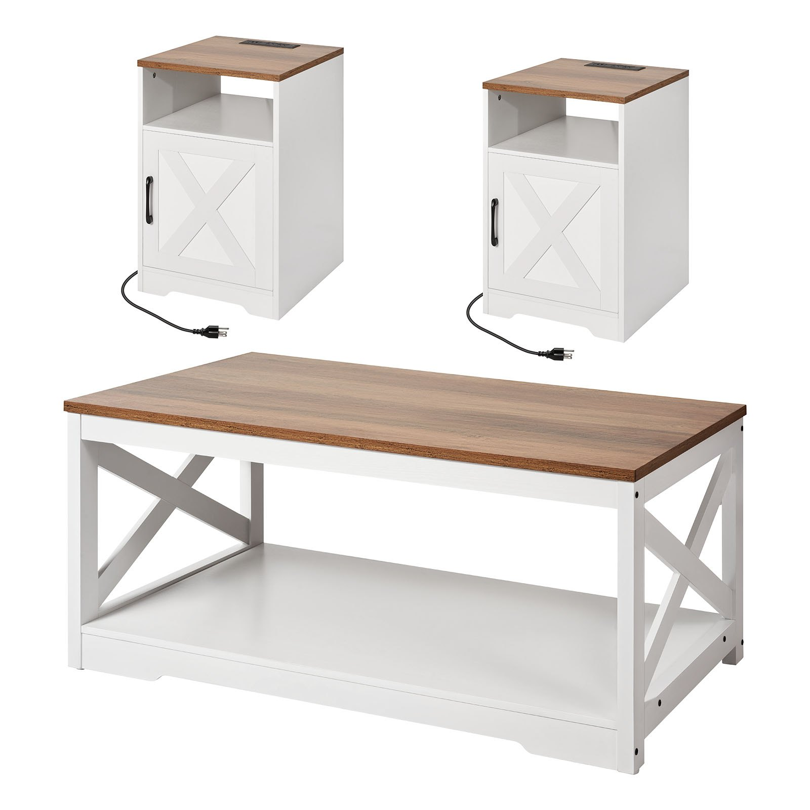 Start2Finish farmhouse coffee table set with two side tables, industrial style, charging station, suitable for living room or office.