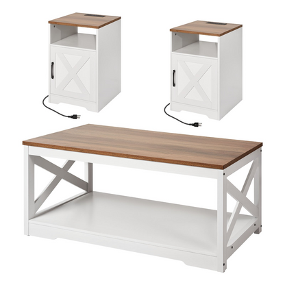 Start2Finish farmhouse coffee table set with two side tables, industrial style, charging station, suitable for living room or office.