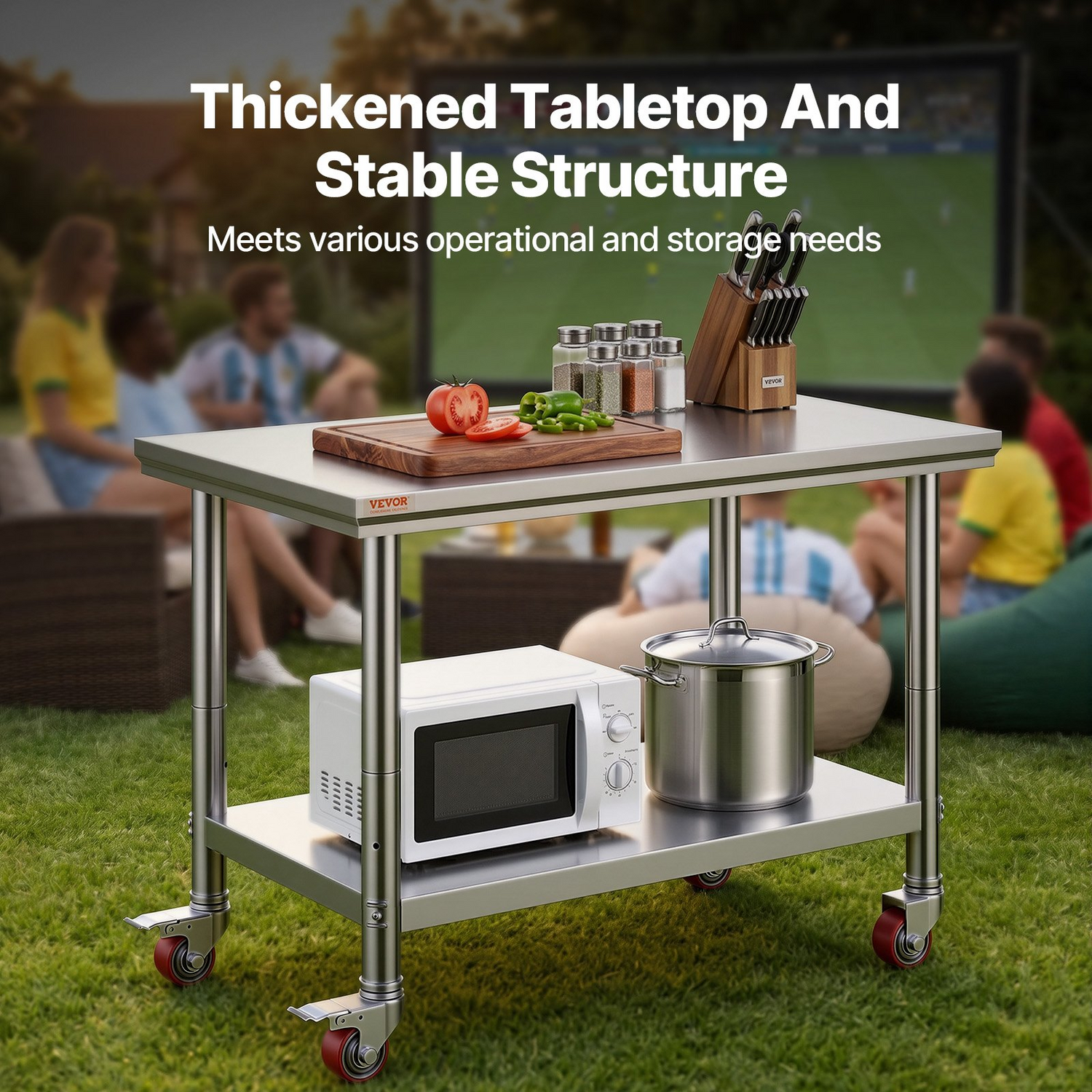 Start2Finish stainless steel work table with 4 wheels, adjustable height, 35x24x33 inch size, heavy-duty food prep surface.